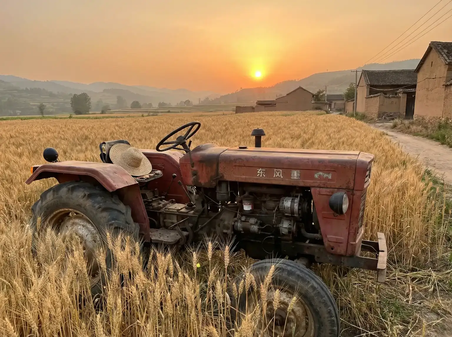 夕阳下的老式拖拉机停在麦田边 - 地球帝国1秘籍 田间记忆